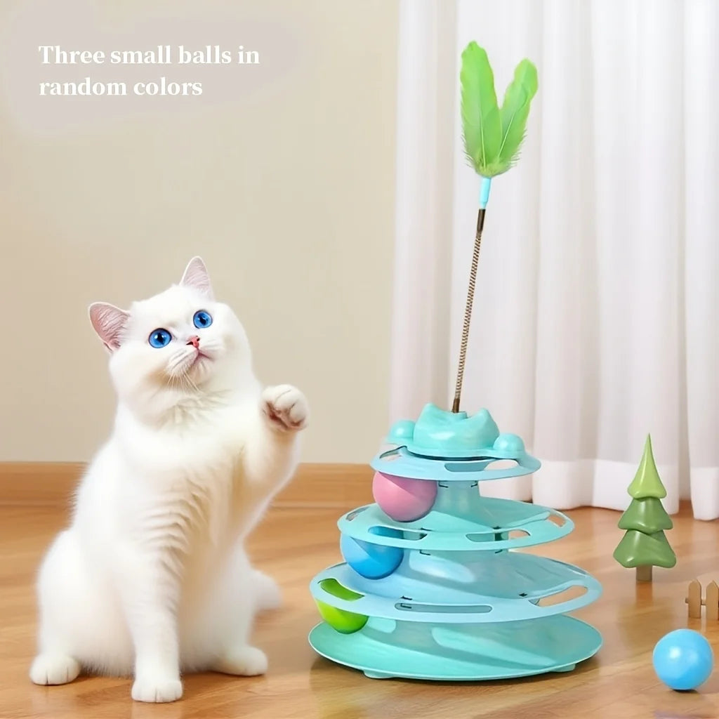 3-Tier Interactive Cat Track Tower with Balls & Feather Wand