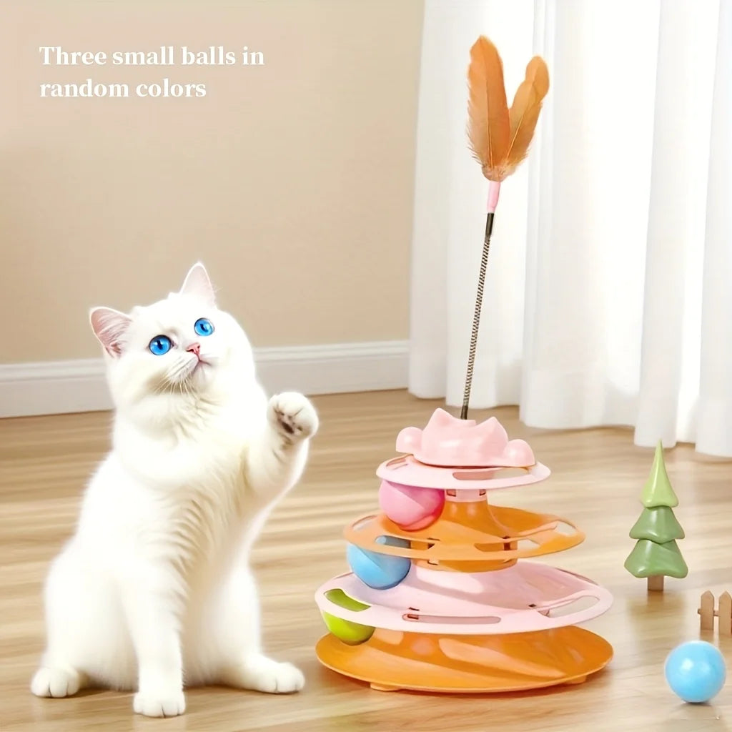 3-Tier Interactive Cat Track Tower with Balls & Feather Wand
