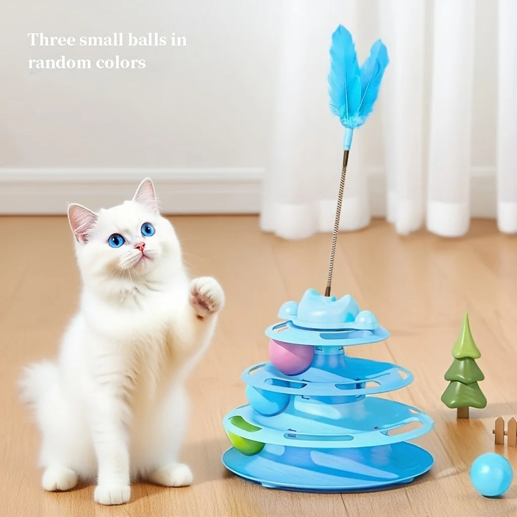 3-Tier Interactive Cat Track Tower with Balls & Feather Wand