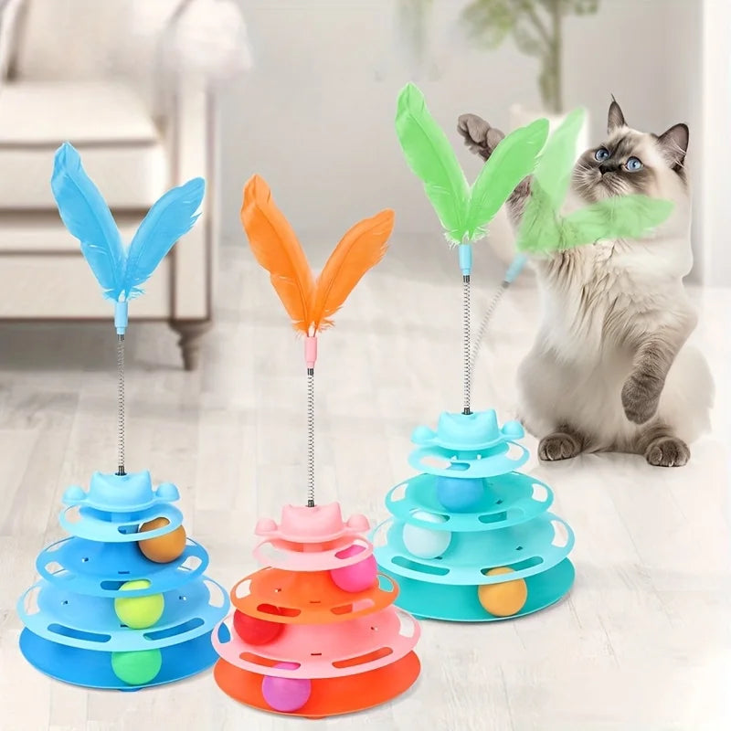 3-Tier Interactive Cat Track Tower with Balls & Feather Wand