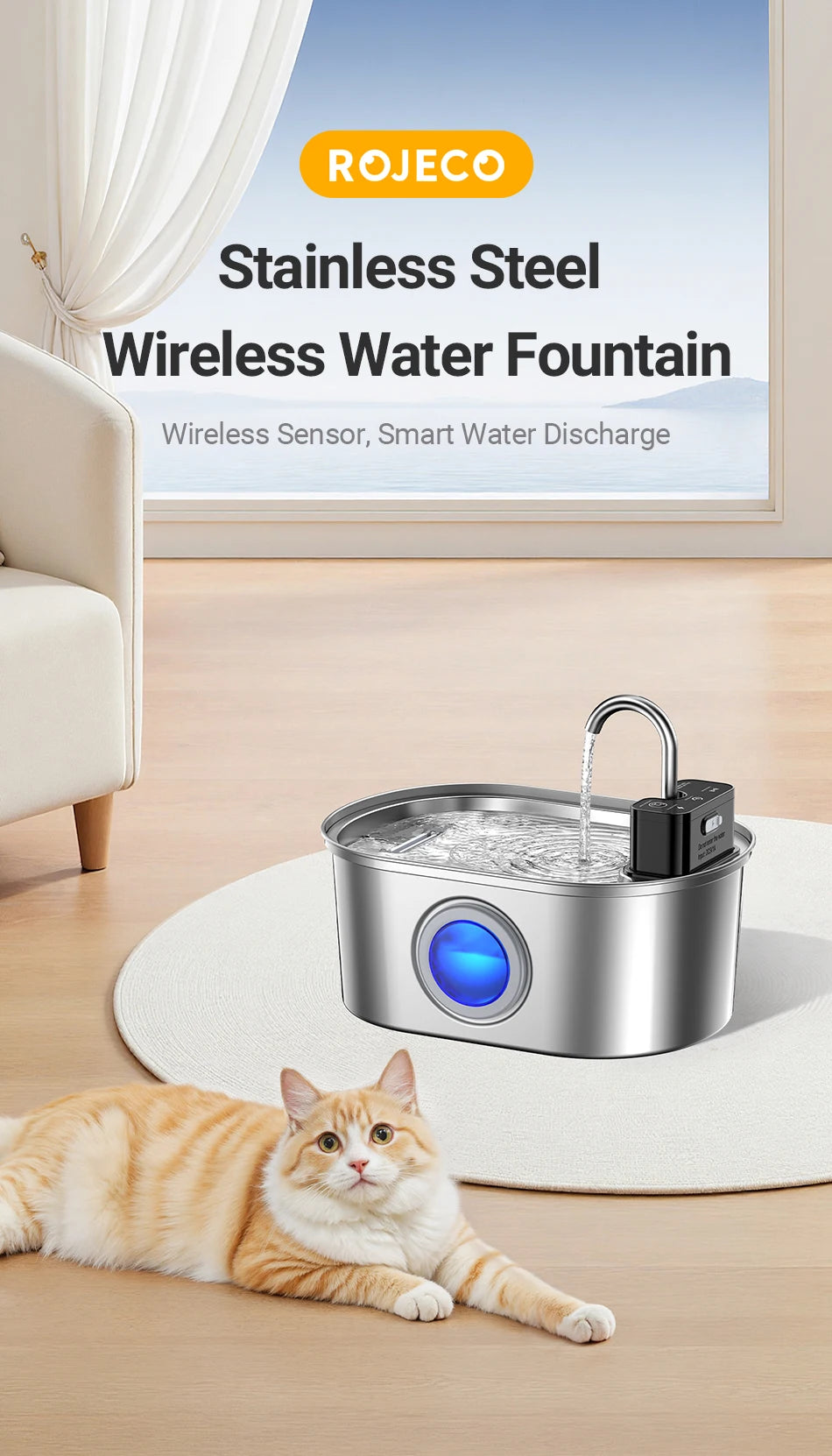 ROJECO Stainless Steel Sensor Pet Fountain