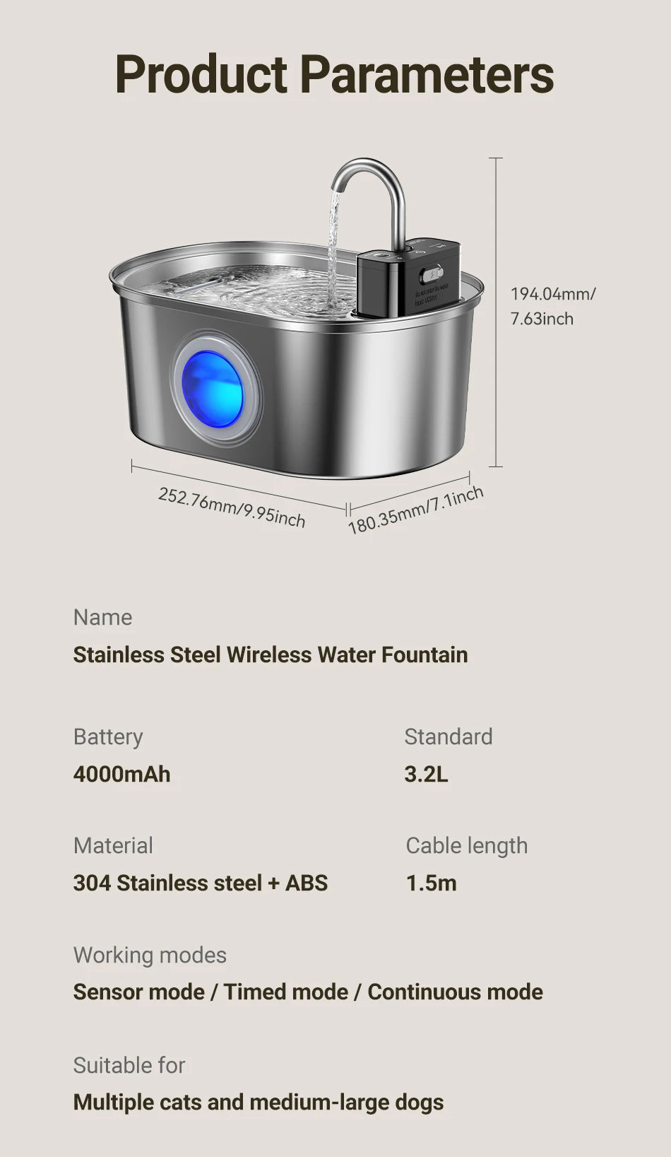ROJECO Stainless Steel Sensor Pet Fountain