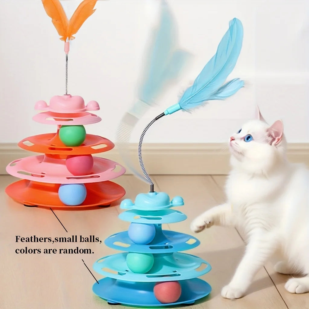 3-Tier Interactive Cat Track Tower with Balls & Feather Wand
