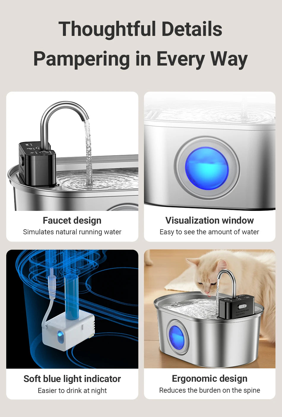 ROJECO Stainless Steel Sensor Pet Fountain